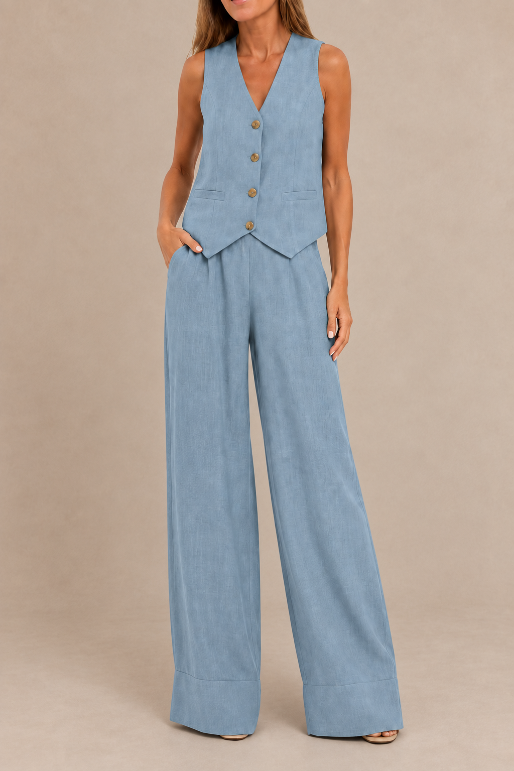 Ensemble élégant ALEKSANDRA d'Elvena avec chemise bleue et pantalon, style sophistiqué pour femmes.