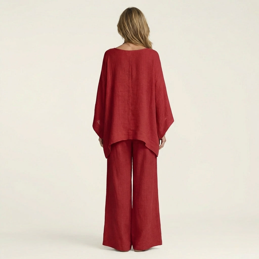 Ensemble bohème Majolie de Danoir Paris, haut et pantalon fluide en tissu léger, style décontracté et élégant, vue de face.