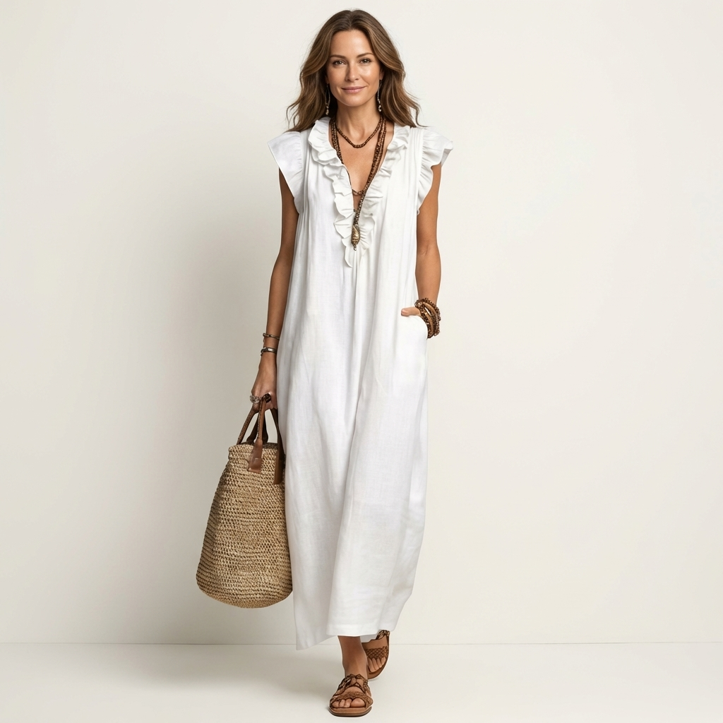 Robe maxi à col V avec volants, élégante, de la marque Danoir Paris, portée avec un tissu fluide et design féminin.