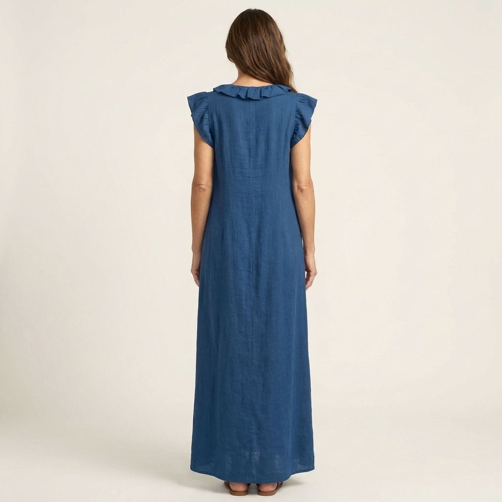 Robe maxi Josette à col V avec volants, vêtement élégant de Danoir Paris, en tissu fluide et féminin.