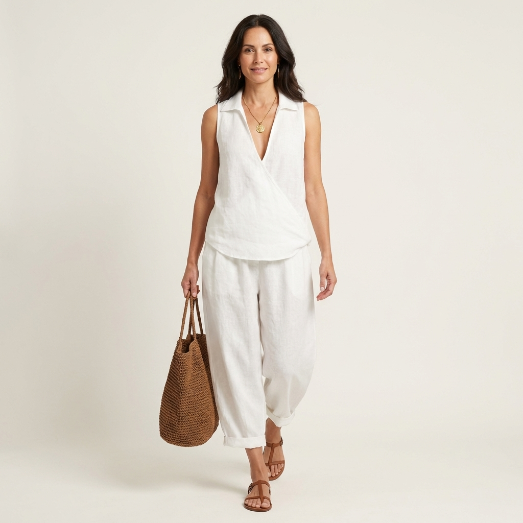 Ensemble croisé Twiila de Danoir Paris, haut à devant croisé et pantalon à jambes larges, porté sur mannequin blanc.