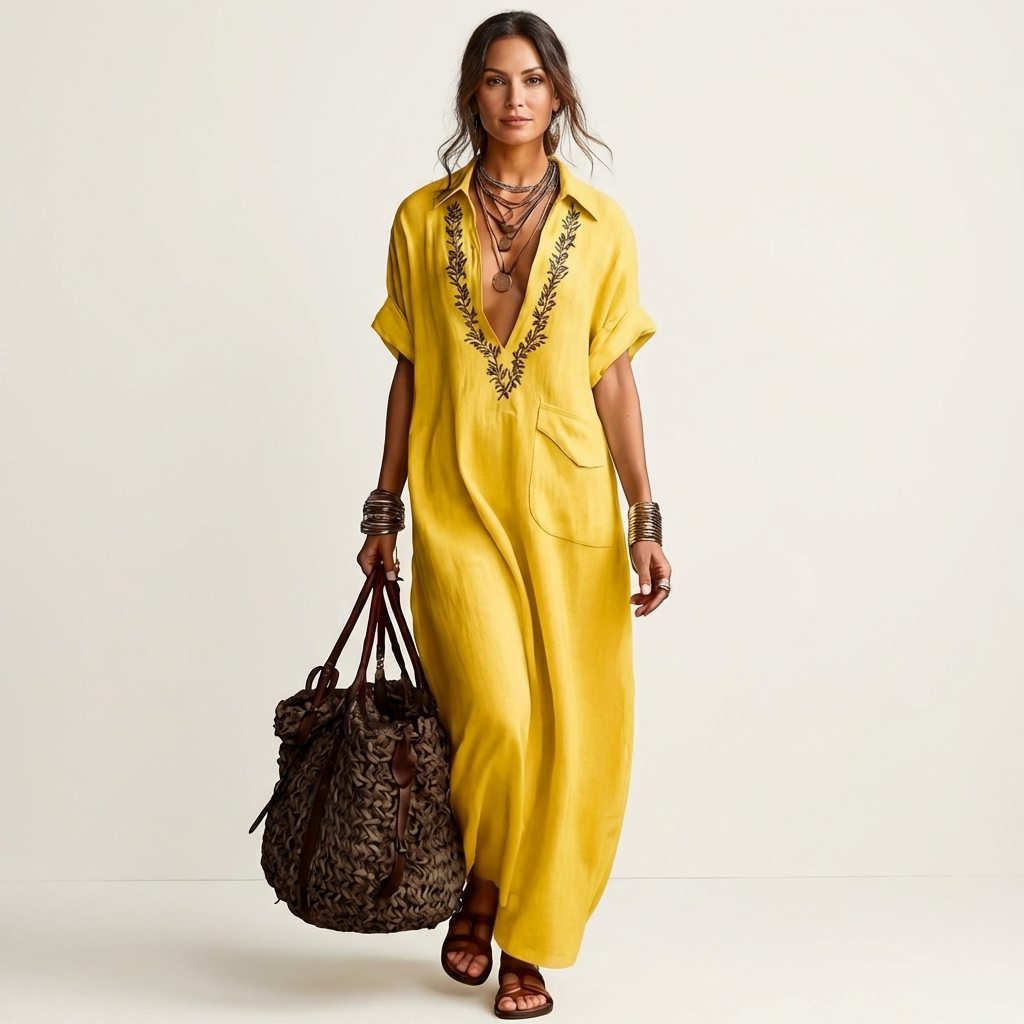 Ensemble robe maxi en lin Amarina Danoir Paris avec col V brodé, image montrant la coupe fluide et les détails brodés.
