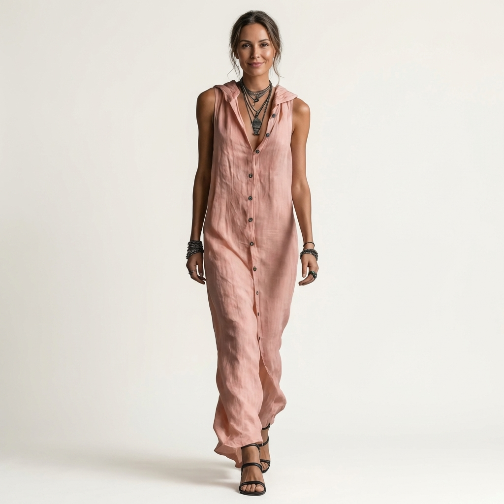 Ensemble maxi sans manches Danoir Paris avec boutons et capuche, robe longue décontractée et confortable.
