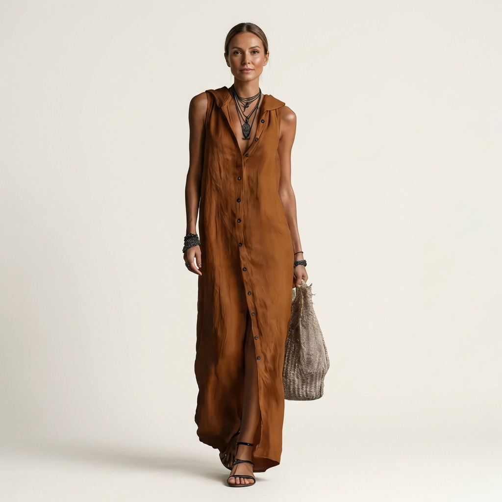 Ensemble maxi sans manches avec boutons et capuche de la marque Danoir Paris, robe longue décontractée.