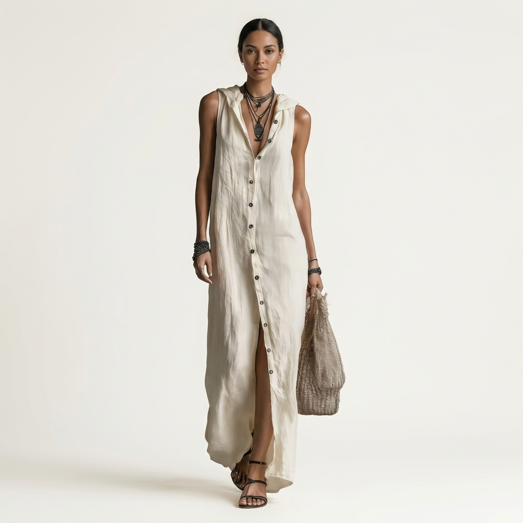 Ensemble maxi sans manches avec boutons et capuche de la marque Danoir Paris, robe longue décontractée et moderne.