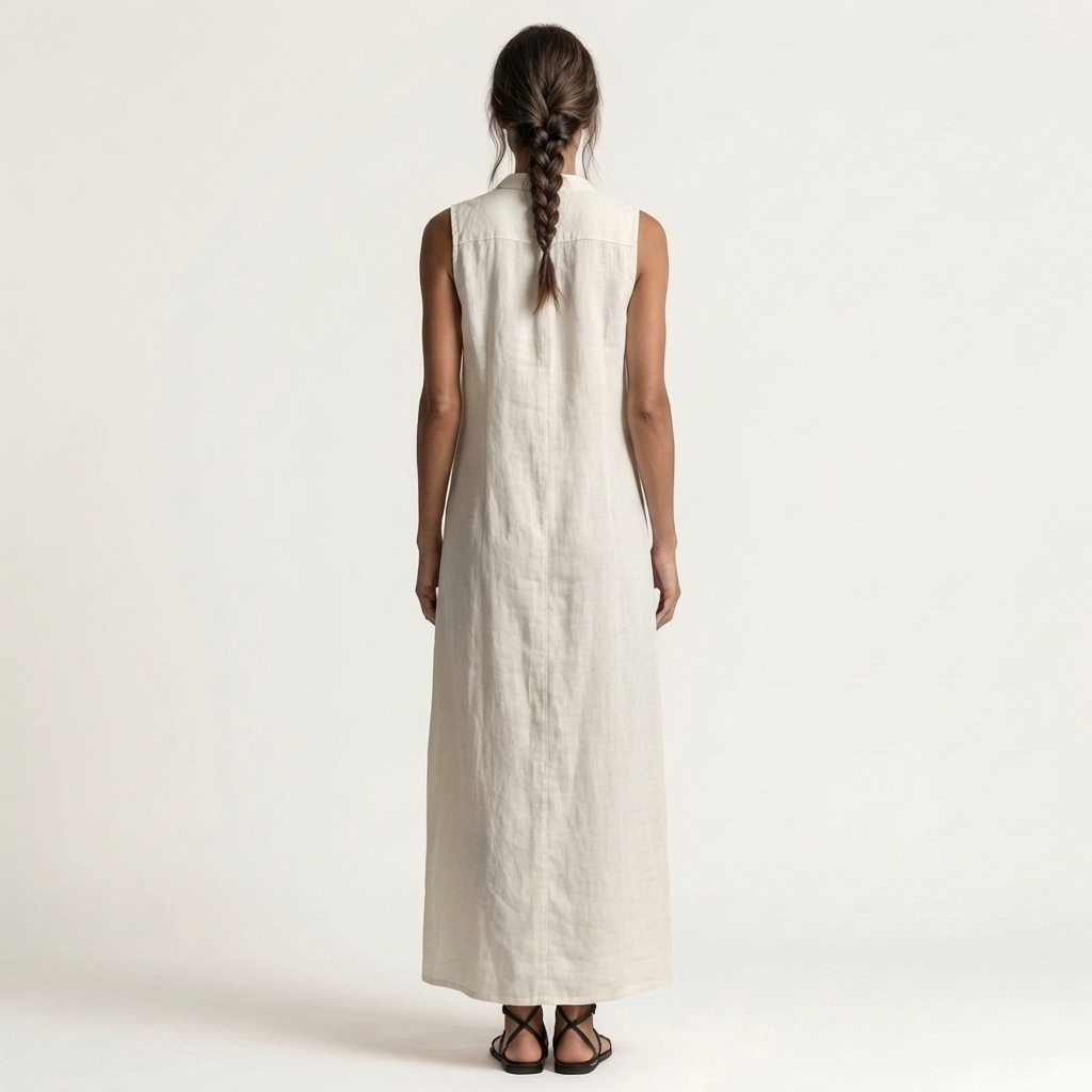 Ensemble maxi sans manches Danoir Paris Mirabell avec boutons et capuche, image de la robe longue élégante.