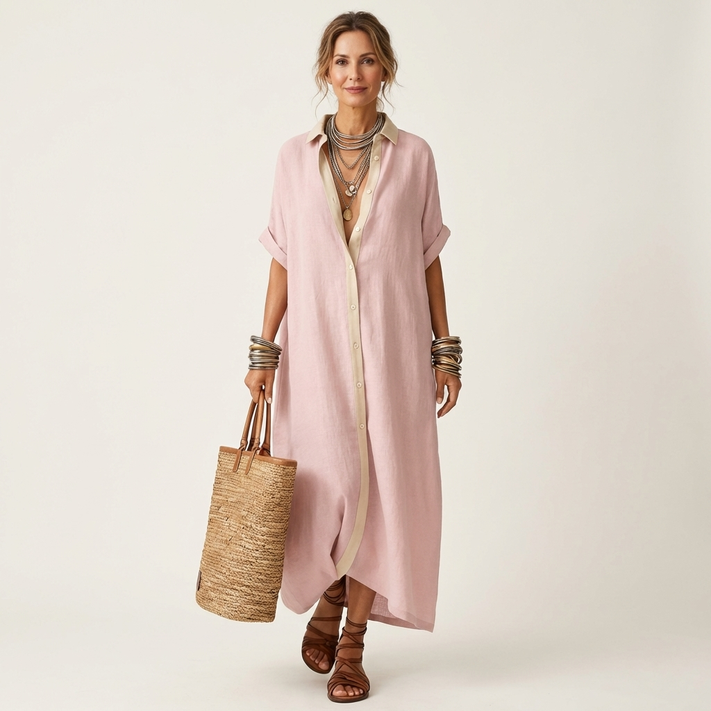 Ensemble Kamira Danoir Paris, robe maxi à manches courtes avec col contrasté et boutons frontaux, vue de face.