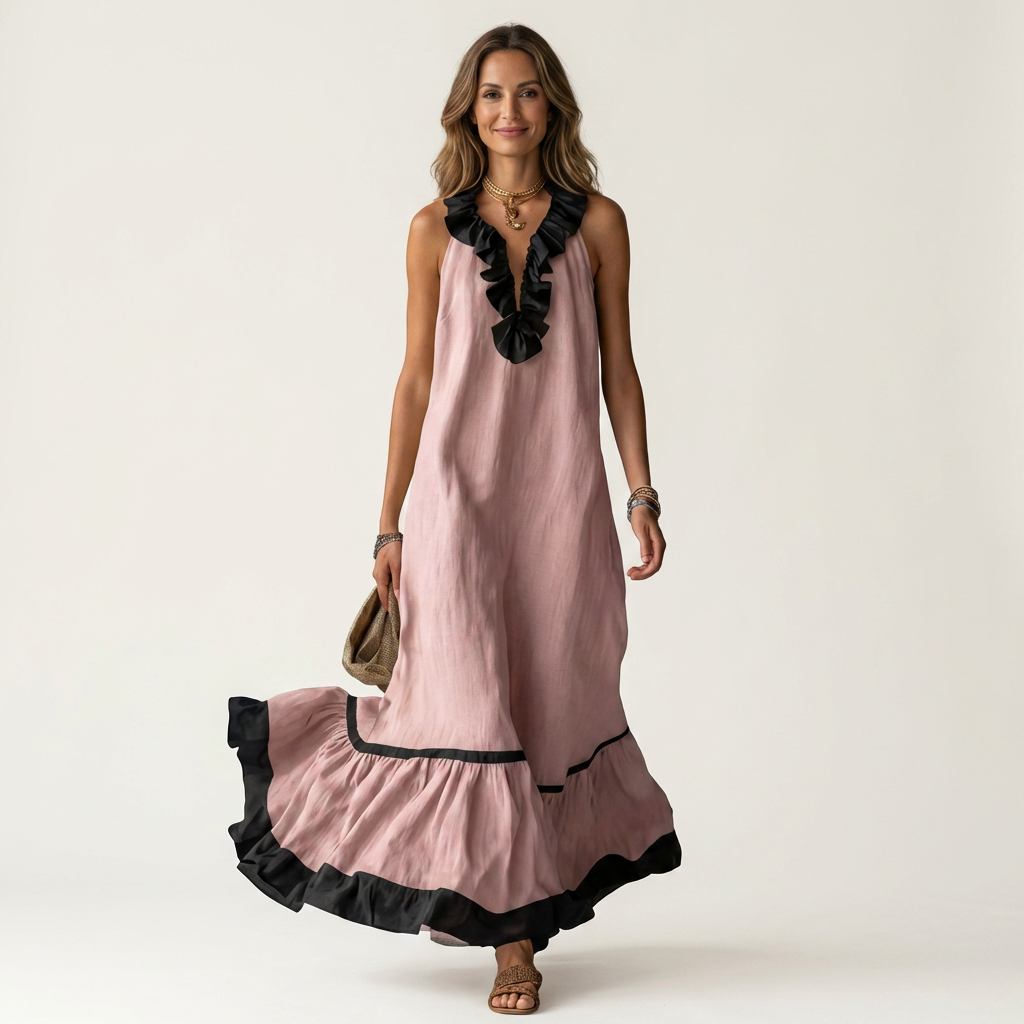 Robe longue sans manches Danoir Paris avec col à volants contrastés et détails de finition élégants.