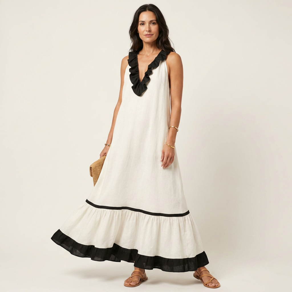 Robe maxi sans manches Danoir Paris avec col volant et détails contrastés, vue de face, élégante et fluide.