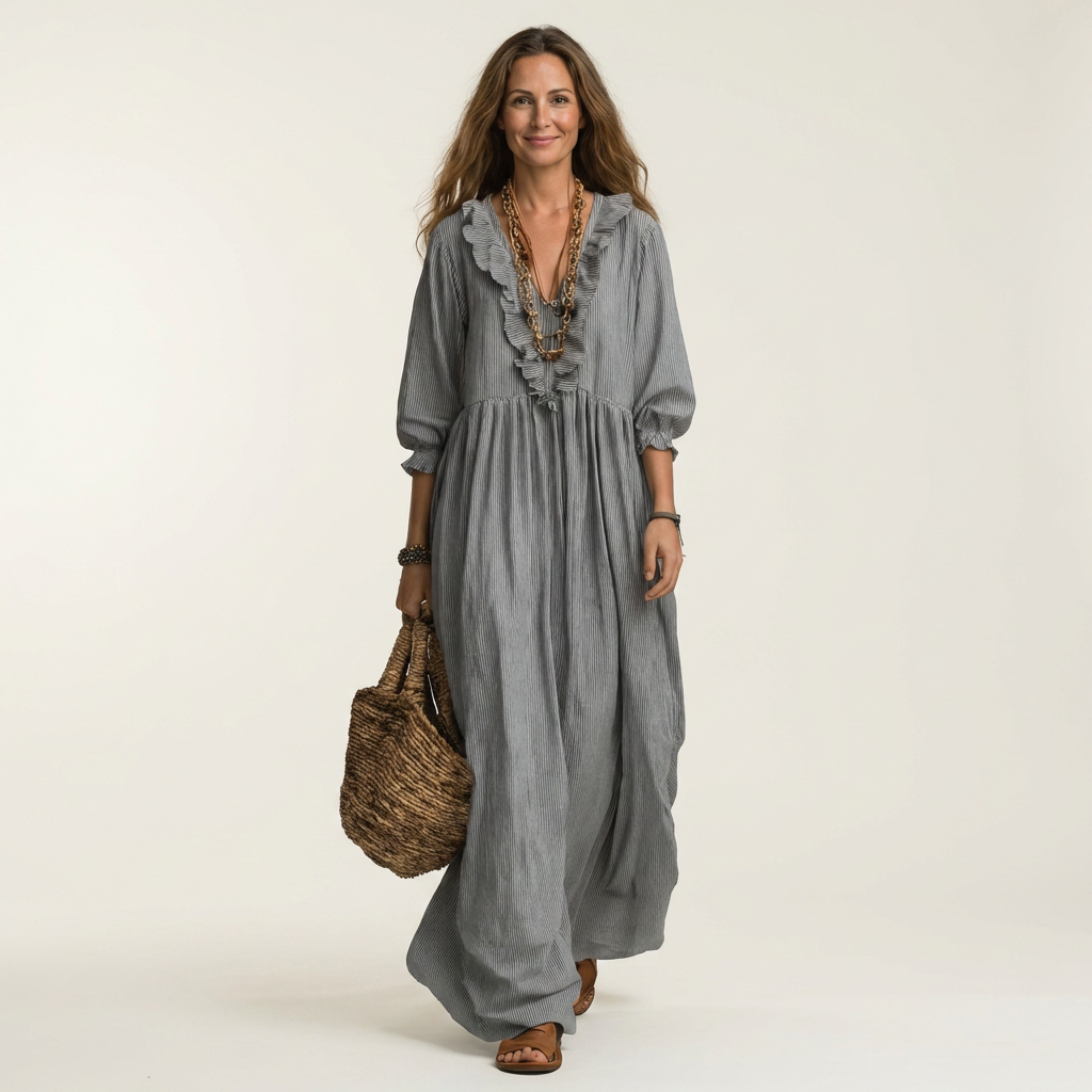 Robe maxi rayée Danoir Paris avec volants et décolleté en V, longueur élégante et motif tendance, portée décontractée ou habillée.