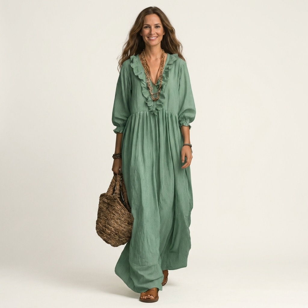 Robe maxi rayée Danoir Paris avec volants et décolleté en V, longueur fluide et motifs colorés, style élégant et féminin.