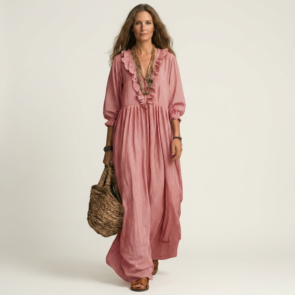 Robe maxi rayée Danoir Paris avec volants et décolleté en V, longueur élégante et style fluide pour un look sophistiqué.