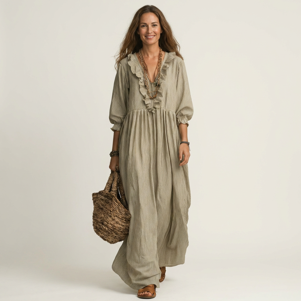 Robe maxi rayée Danoir Paris avec volants et décolleté en V, longue et fluide, portée avec accessoires élégants.