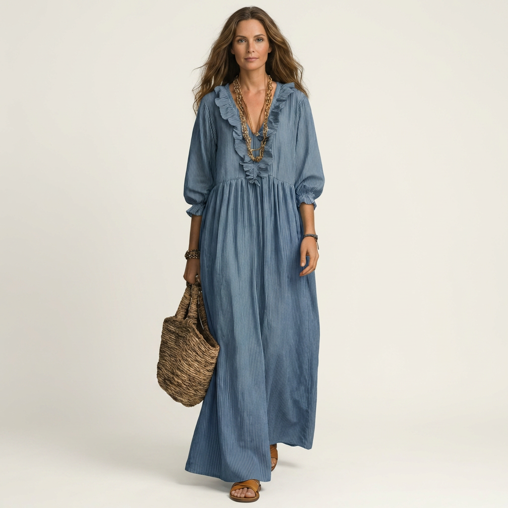 Robe maxi rayée Danoir Paris avec volants, décolleté en V, longueur longue et style élégant, portée sur une mannequin.