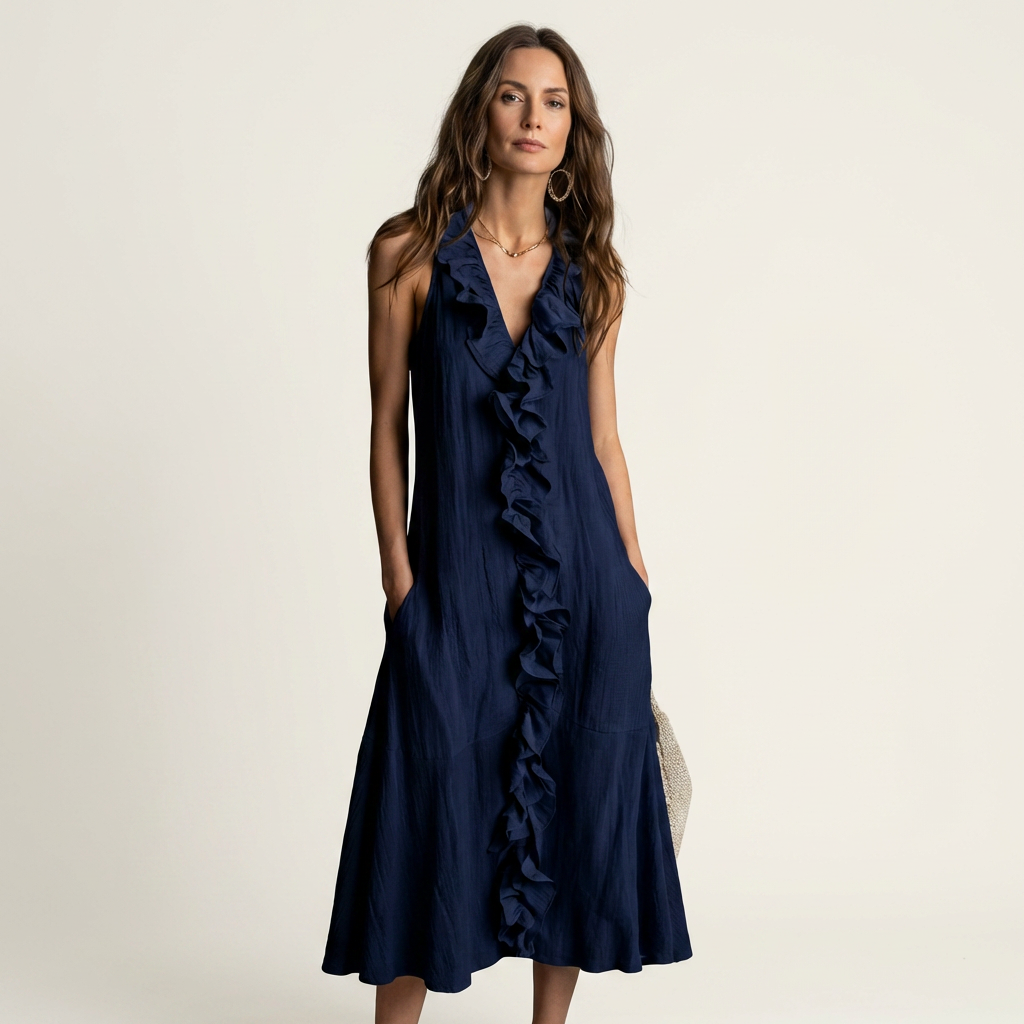 Robe maxi sans manches Danoir Paris Vicky avec col en V et détails de volants, longue et élégante, couleur neutre.