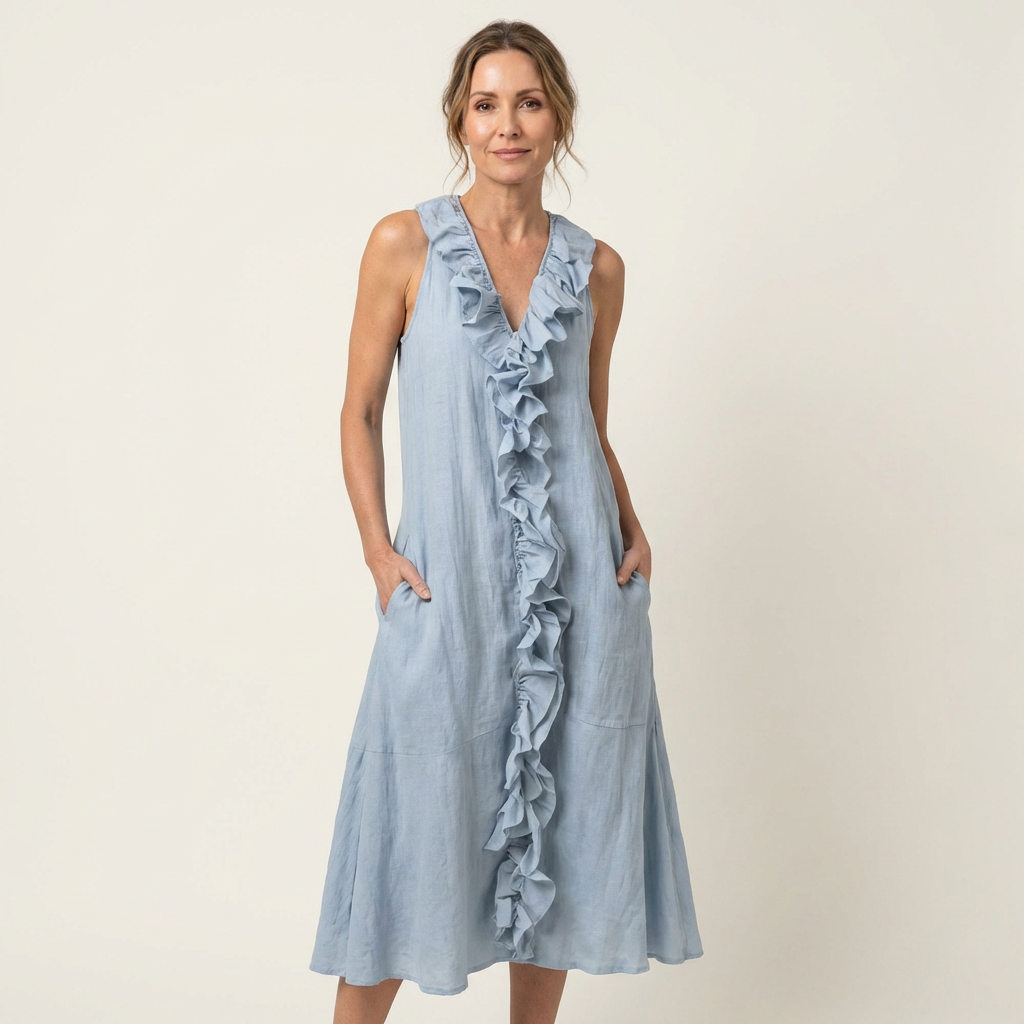 Robe maxi sans manches Vicky de Danoir Paris avec col en V et détails de volants, tissu léger et fluide.