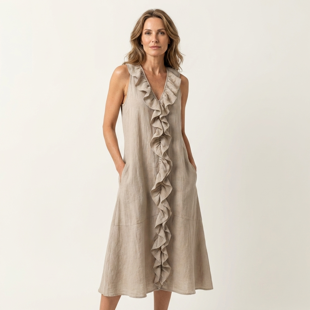 Robe maxi sans manches Danoir Paris Vicky avec col en V et volants, longueur fluide en tissu léger.