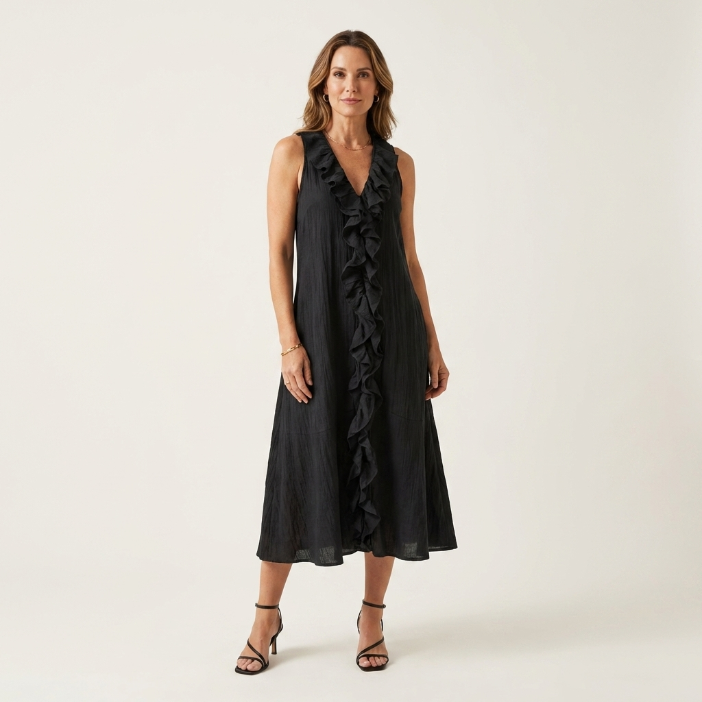 Robe maxi sans manches Vicky de Danoir Paris, col en V avec volants, longueur fluide et élégante, en tissu léger.