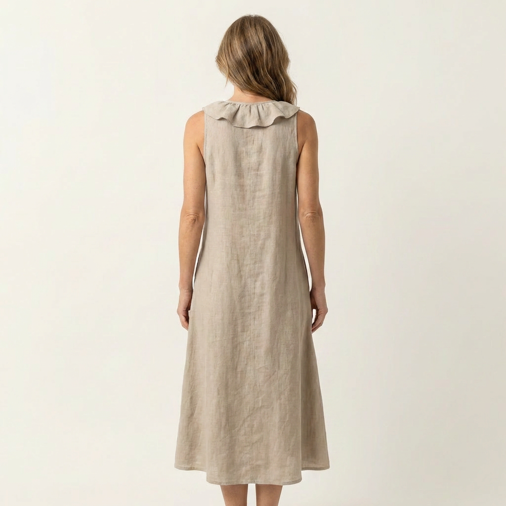Robe maxi sans manches Vicky de Danoir Paris avec col en V et détails de volants, longueur jusqu'aux chevilles.