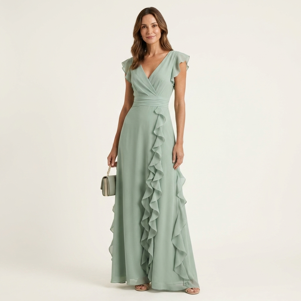 Robe maxi à volants en V avec manches évasées, Danoir Paris, élégante robe longue pour femme.