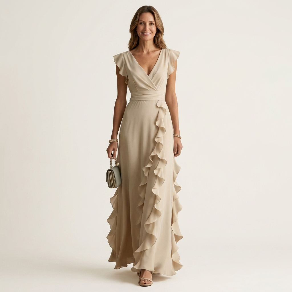 Robe maxi à volants en V avec manches évasées, marque Danoir Paris, vêtement élégant et fluide pour femme.
