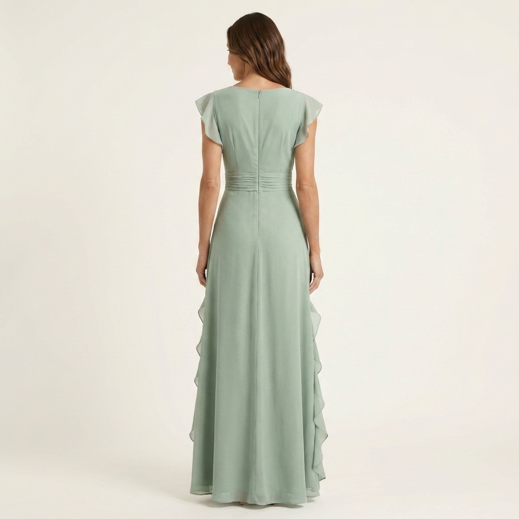Robe maxi à volants en V avec manches évasées, élégante et fluide, de la marque Danoir Paris, portée avec un style chic.