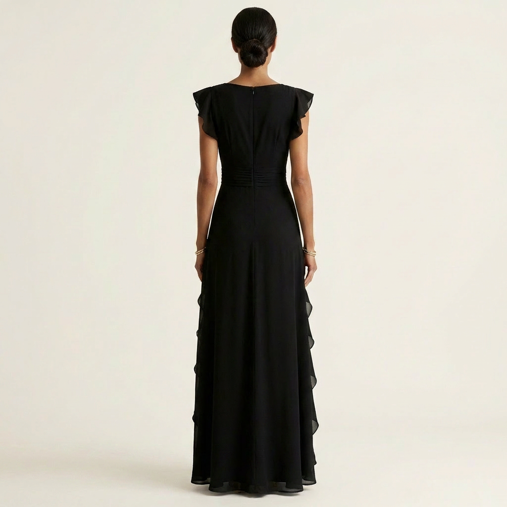 Robe maxi à volants en V avec manches évasées, élégante, de la marque Danoir Paris, portée dans une tenue sophistiquée.