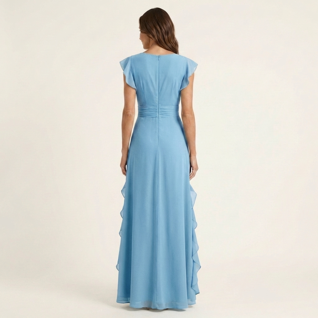 Robe maxi à volants en V avec manches évasées, Danoir Paris, style élégant et fluide, idéale pour une occasion spéciale.