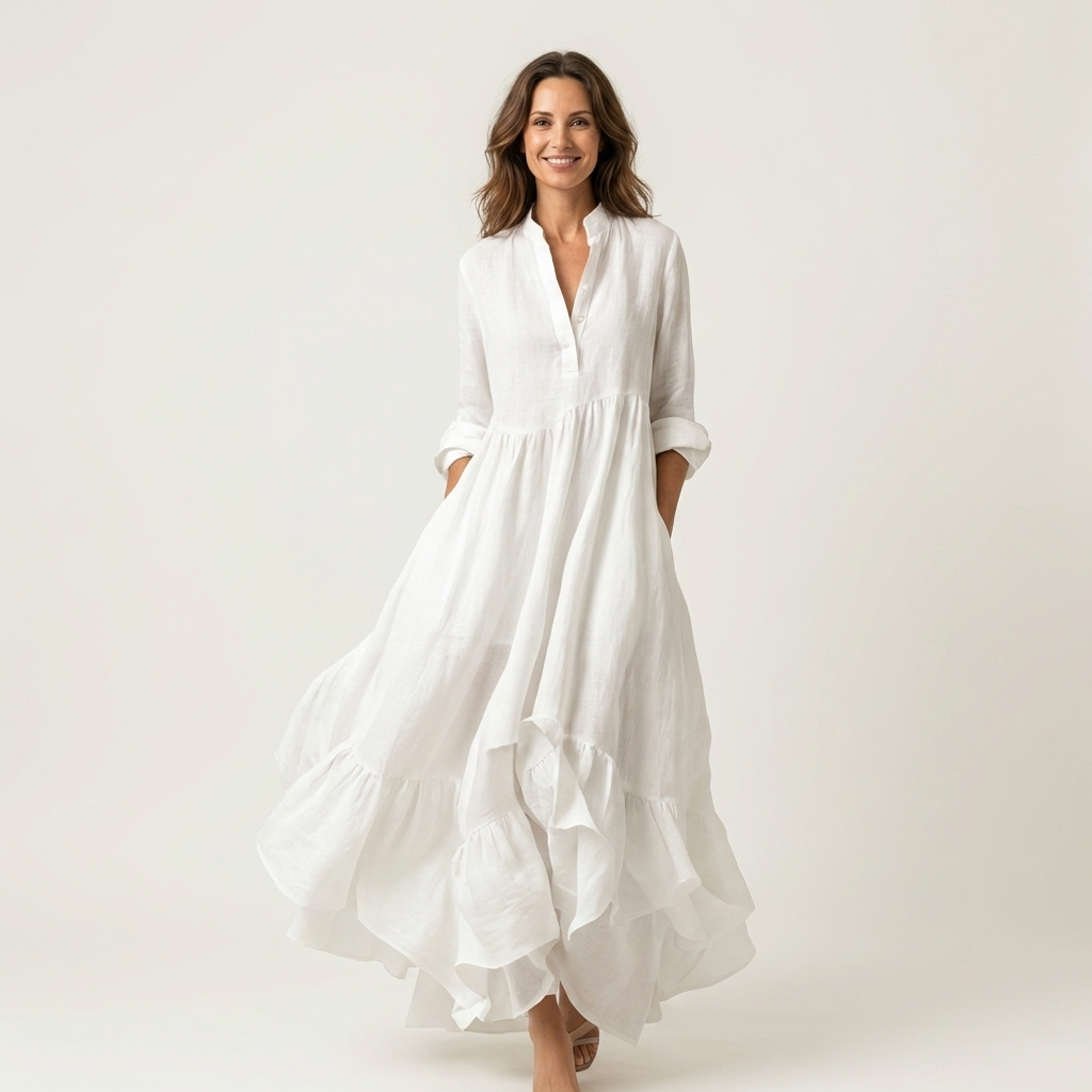 Robe maxi Jilana Danoir Paris avec col montant, boutons et ourlet volant, portée en image.