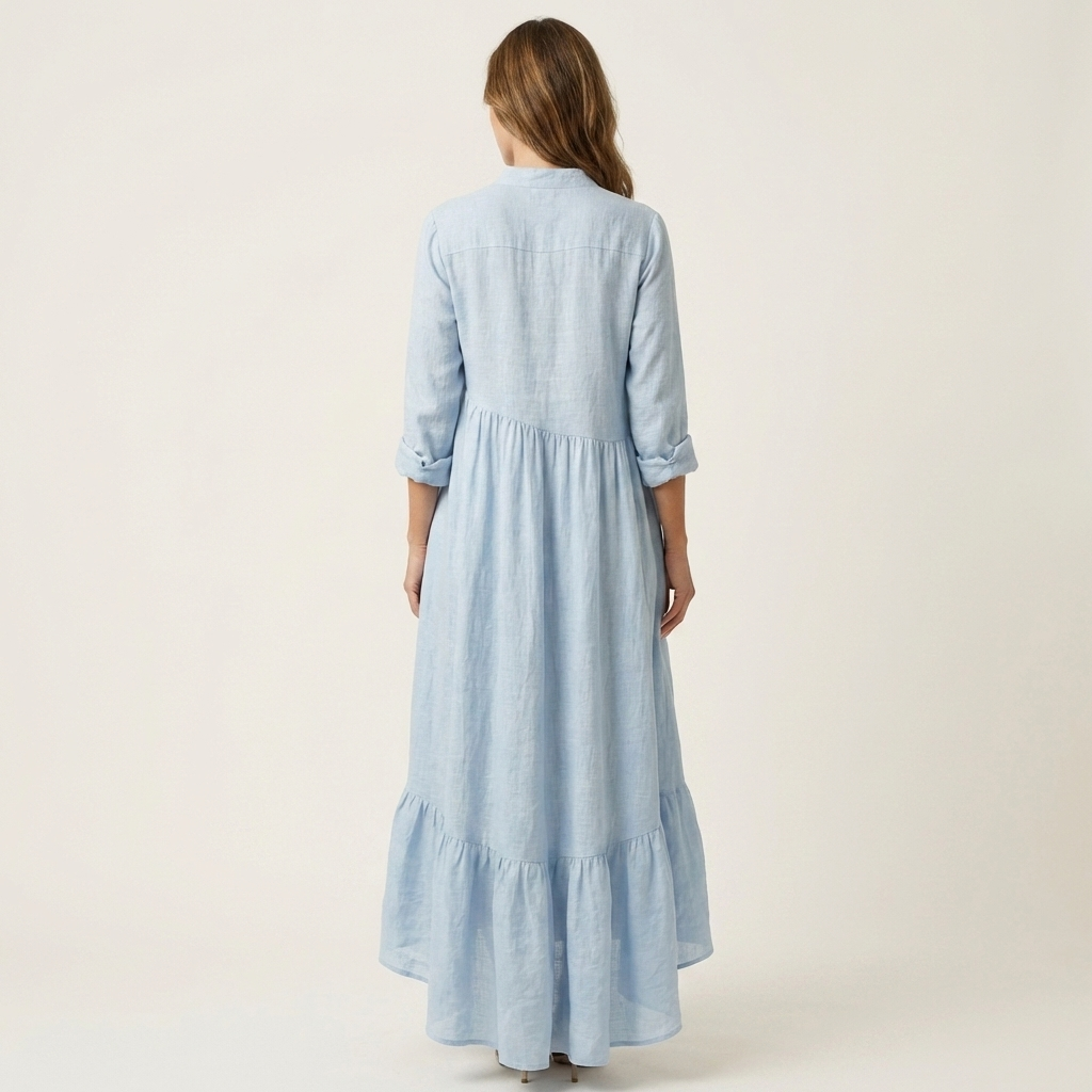 Robe maxi Danoir Paris Jilana avec col haut, boutons et ourlet à volants, en tissu fluide et élégant.