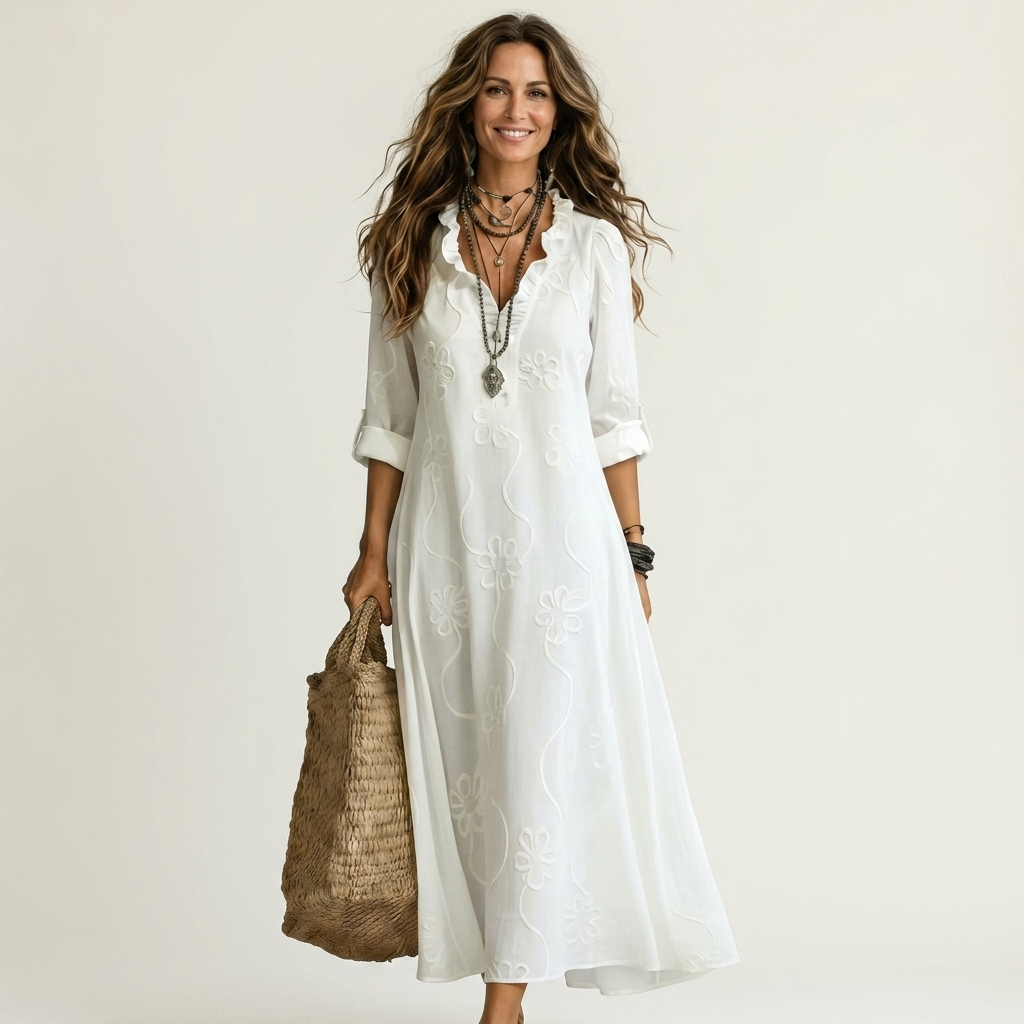 Robe maxi Mariam en coton-lin avec broderie florale ton sur ton, robe d'été élégante de Danoir Paris.