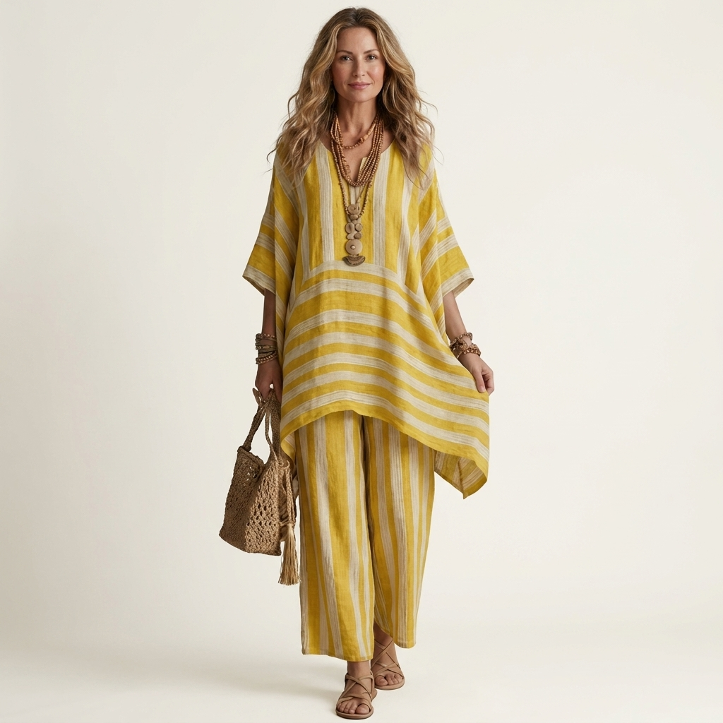 Robe d'été bicolore en coton-lin à rayures, modèle Kiara de Danoir Paris, portée sur un fond neutre.