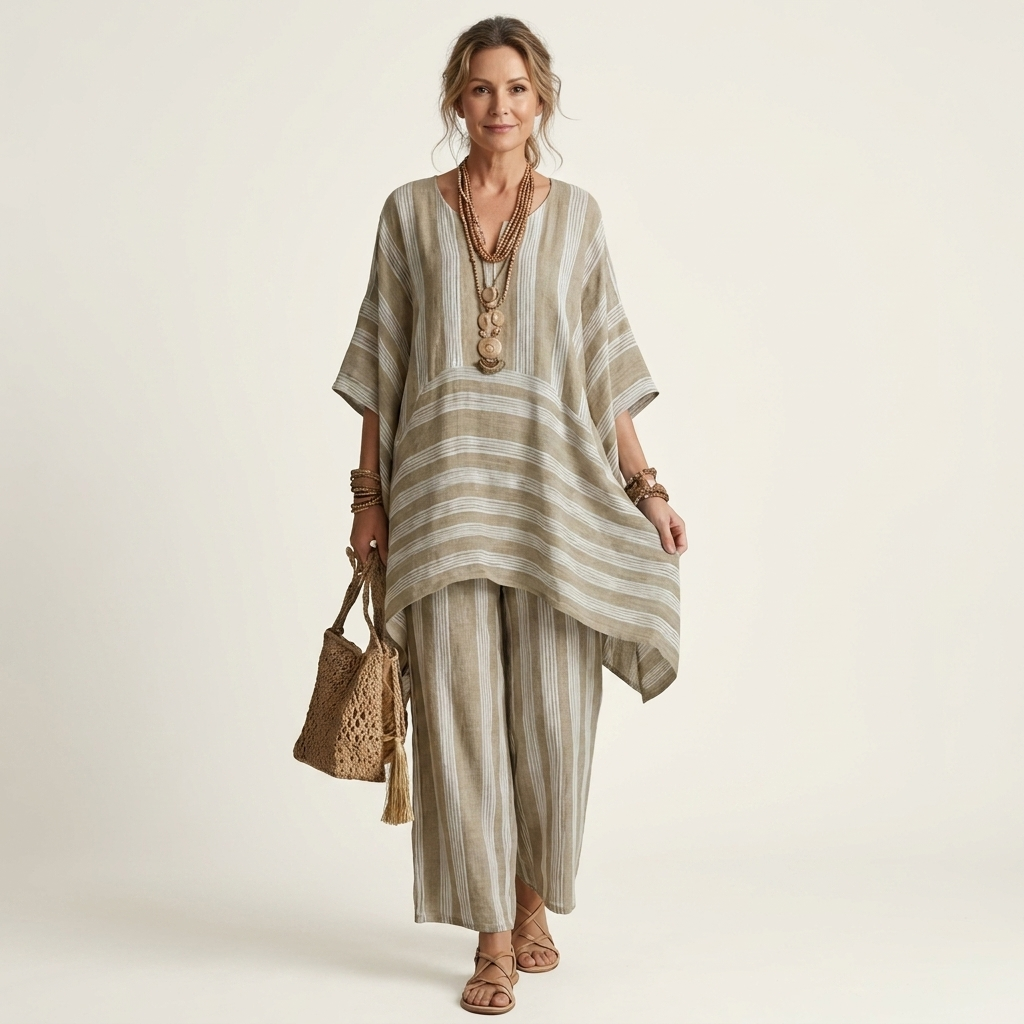 Robe d'été bicolore en coton-lin à rayures Kiara de Danoir Paris, vêtement léger et élégant pour la saison estivale.