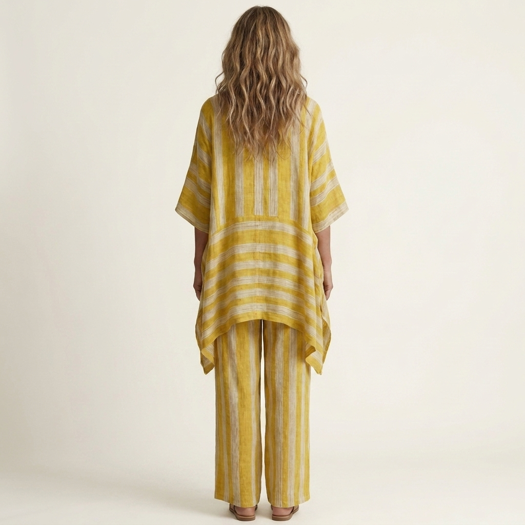 Robe d'été bicolore en coton-lin à rayures, modèle Kiara de Danoir Paris, avec manches courtes et style léger.