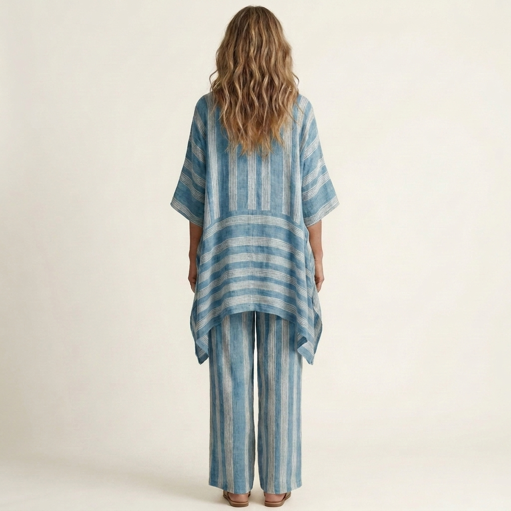 Robe d'été bicolore en coton-lin à rayures pour femme, ensemble Kiara de Danoir Paris, tissu léger et confortable.