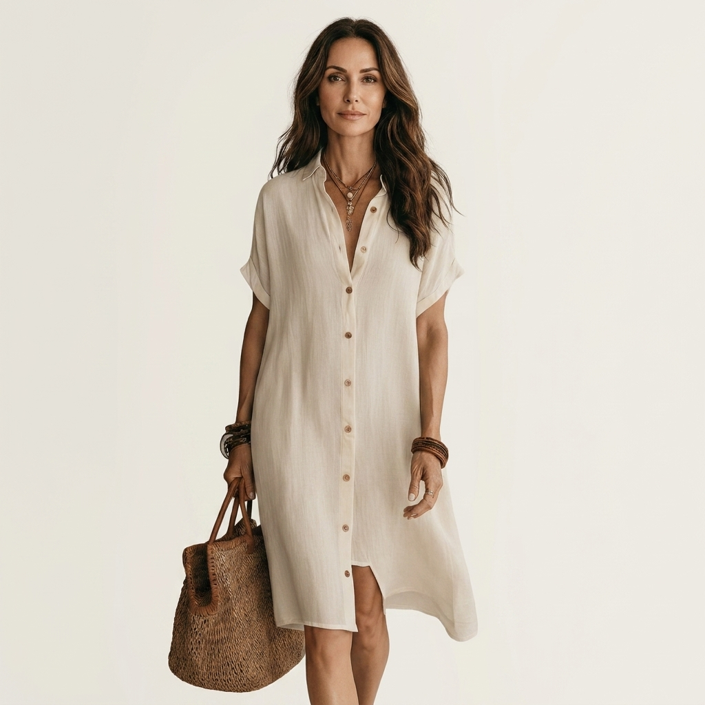 Robe midi Nidalie de Danoir Paris, chemise avec manches retroussées, tissu léger et élégant pour un style décontracté.