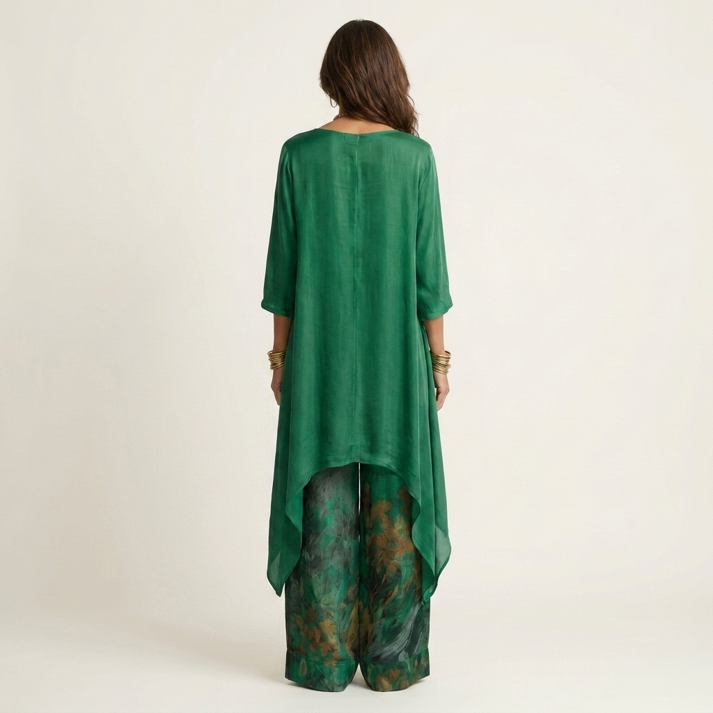 Ensemble deux pièces en coton et soie Cariola de Danoir Paris, tunique asymétrique et pantalon assorti, vue de face.