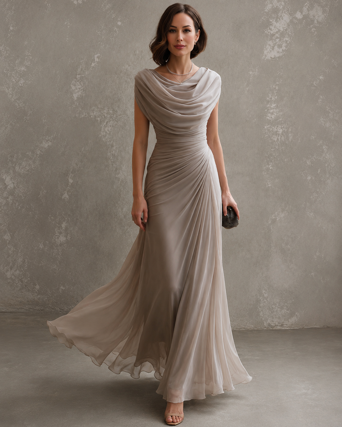 Robe longue femme drapée sans manches Maëlle de Danoir Paris, élégante et fluide, portée avec un style sophistiqué.