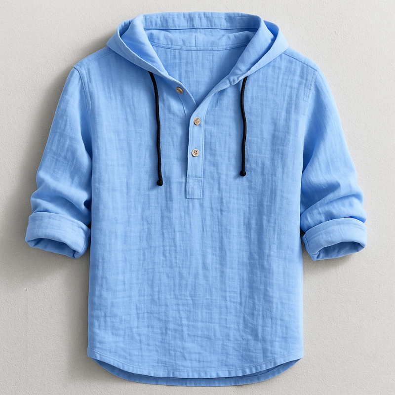 Chemise de luxe à capuche Lenoir Paris Danoir Paris en tissu bleu avec détails élégants, vue de face.