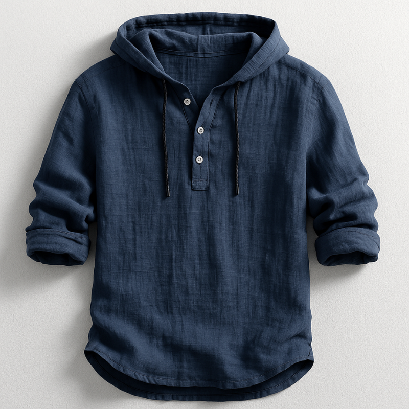 Chemise de luxe à capuche Lenoir Paris Danoir Paris, bleu, en tissu élégant et confortable, vue de face avec capuche.