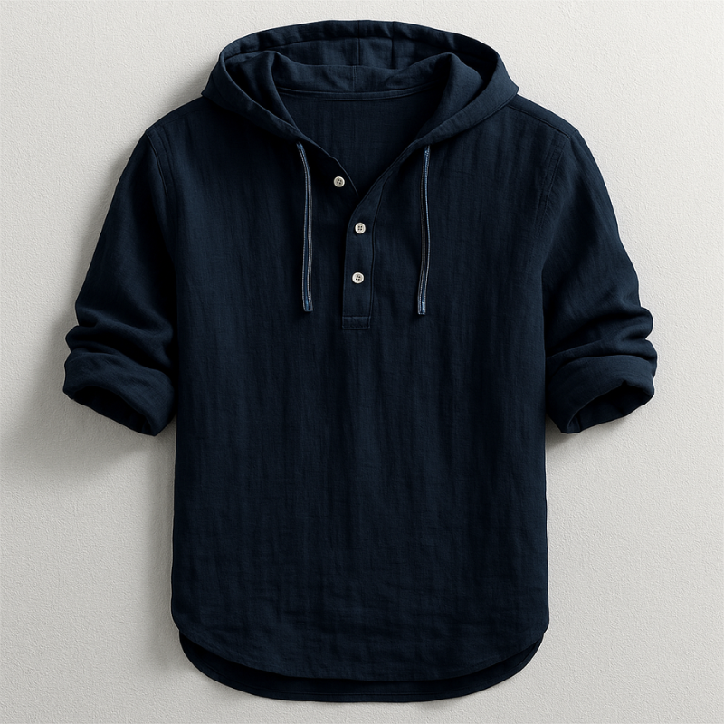Chemise de luxe à capuche Lenoir Paris Danoir Paris, bleu, en tissu doux, vue de face avec capuche confortable.