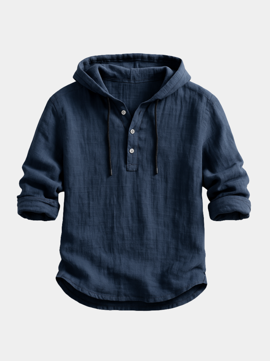 Chemise de luxe à capuche Lenoir Paris Danoir Paris en tissu bleu avec détails élégants, vue de face.
