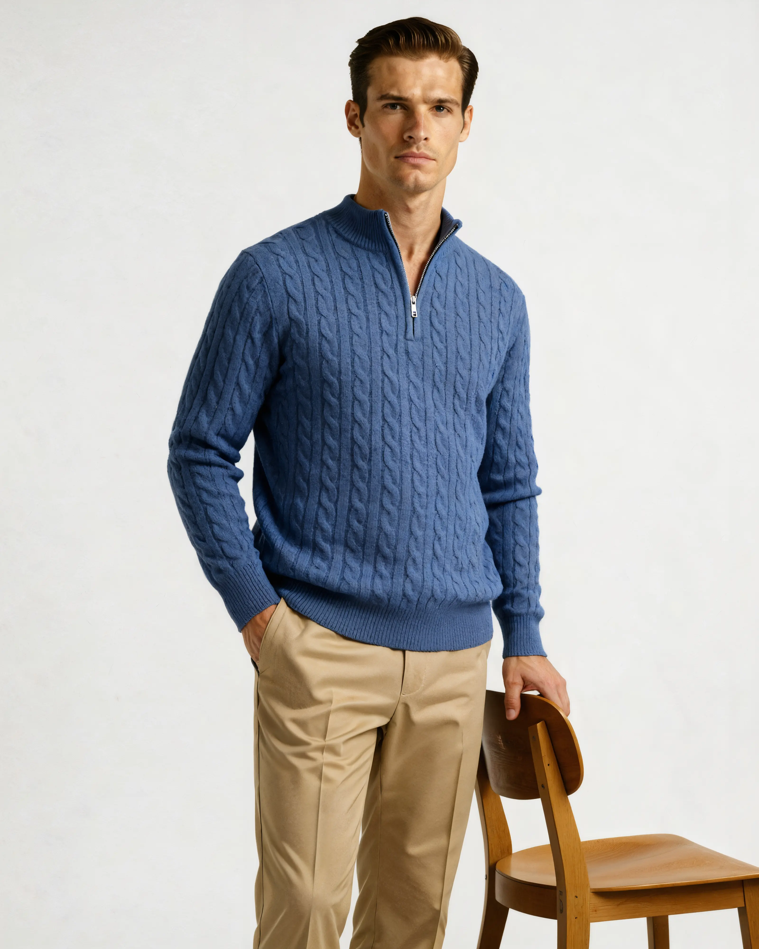 Pull en cachemire beige Old Money à demi-zip en laine tissée, doux et élégant, porté sur un mannequin.