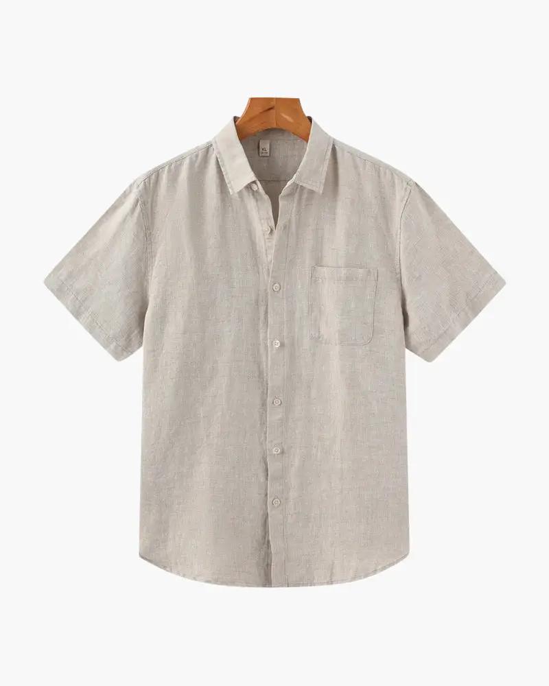 Chemise en lin Old Money Cape Town à manches courtes beige, tissu léger et élégant pour un style décontracté.