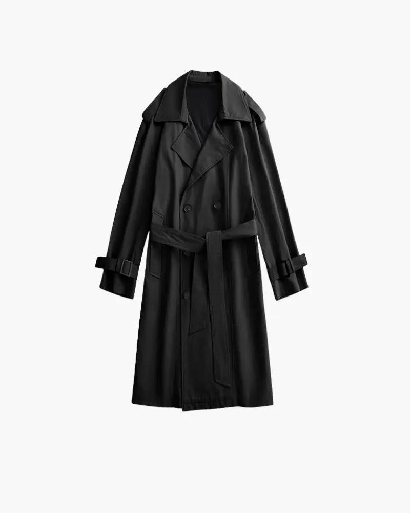 Manteau trench classique à double boutonnage noir de la marque Old Money, visible avec détails élégants et coupe intemporelle.