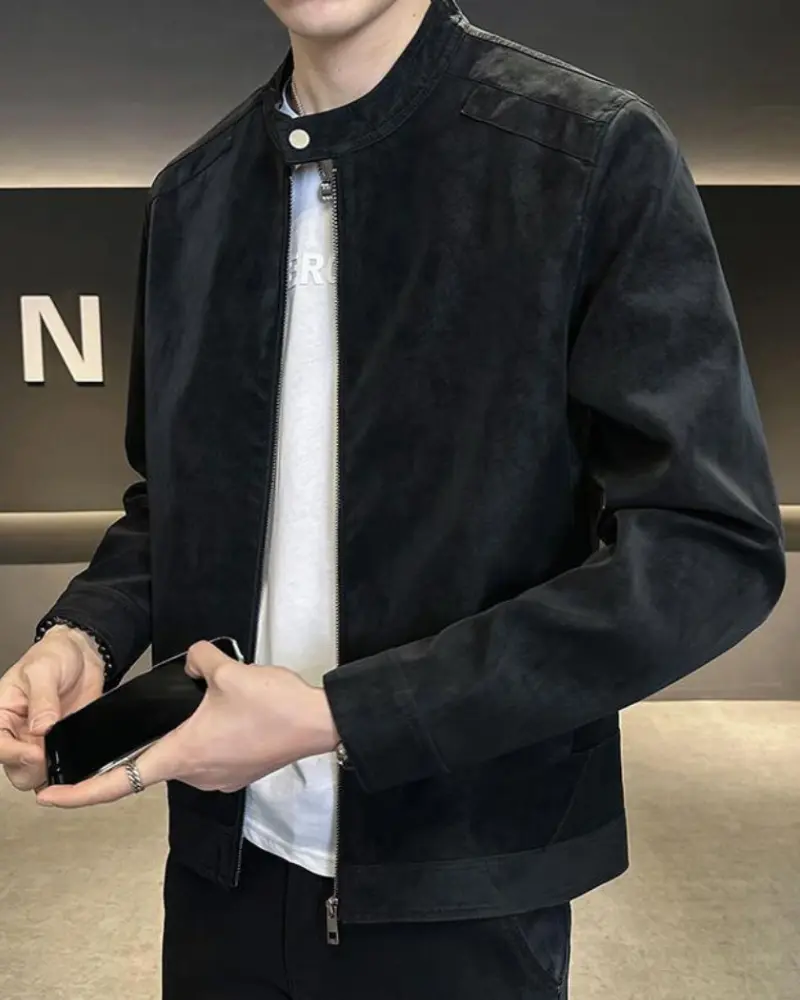 Veste en cuir suédé Estate de Old Money, veste noire élégante avec détails en cuir pour un style sophistiqué.