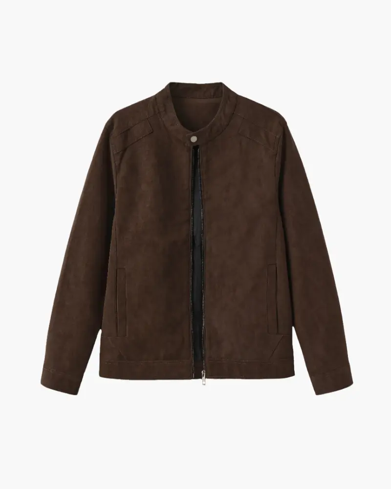 Veste en cuir de daim Old Money Estate noire, coupe classique, avec col et détails en cuir, vue de face.