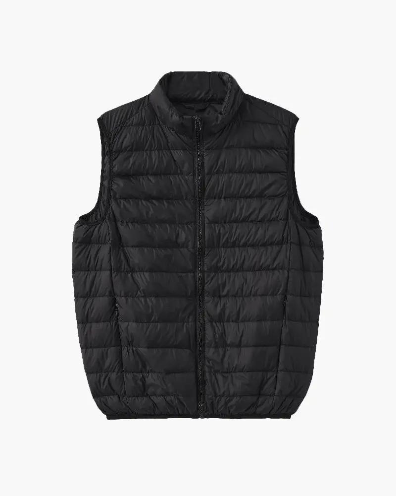 Gilet matelassé noir Old Money, léger et chaud, avec col montant et fermeture éclair, idéal pour l'hiver.