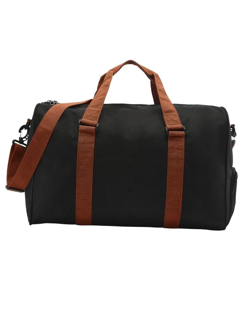 Sac à dos Old Money Nova Duffle en tissu bleu avec poignées en cuir et fermeture zippée, style élégant et pratique.