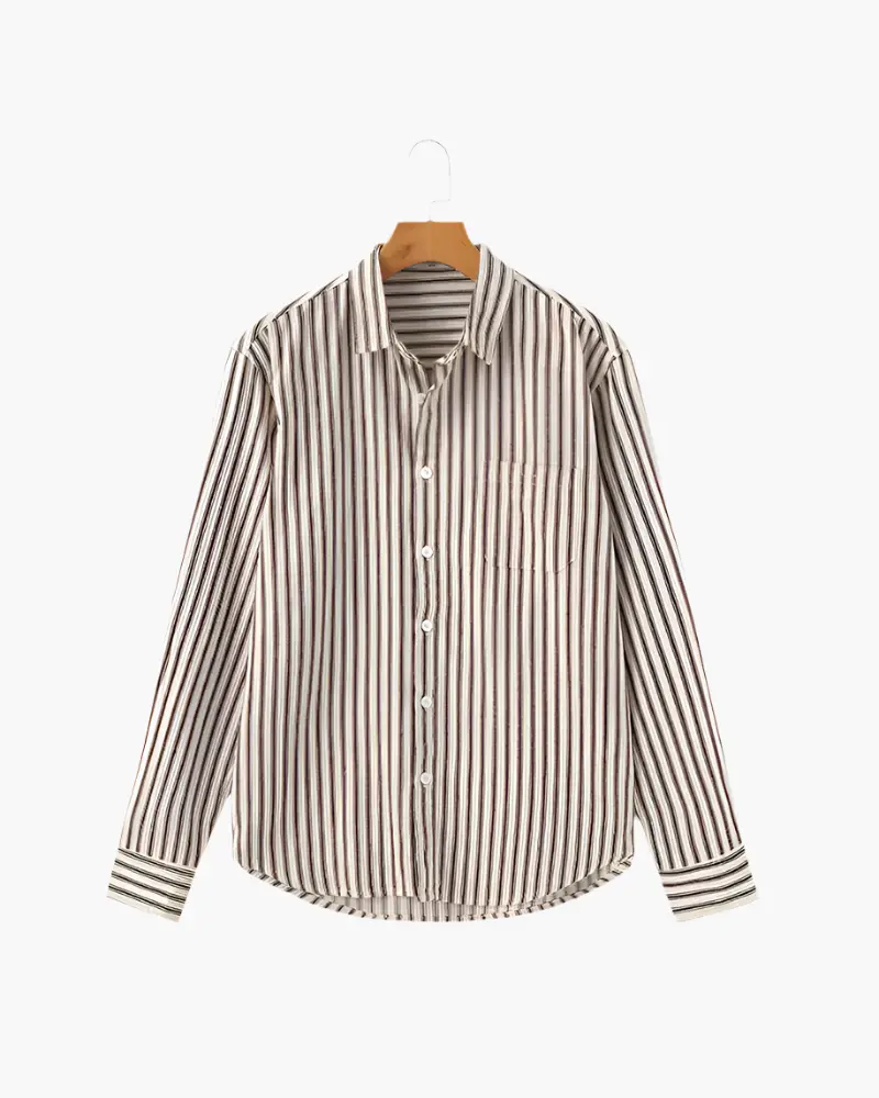 Chemise homme à rayures marron de la marque Old Money, col classique et manches longues, vue de face.
